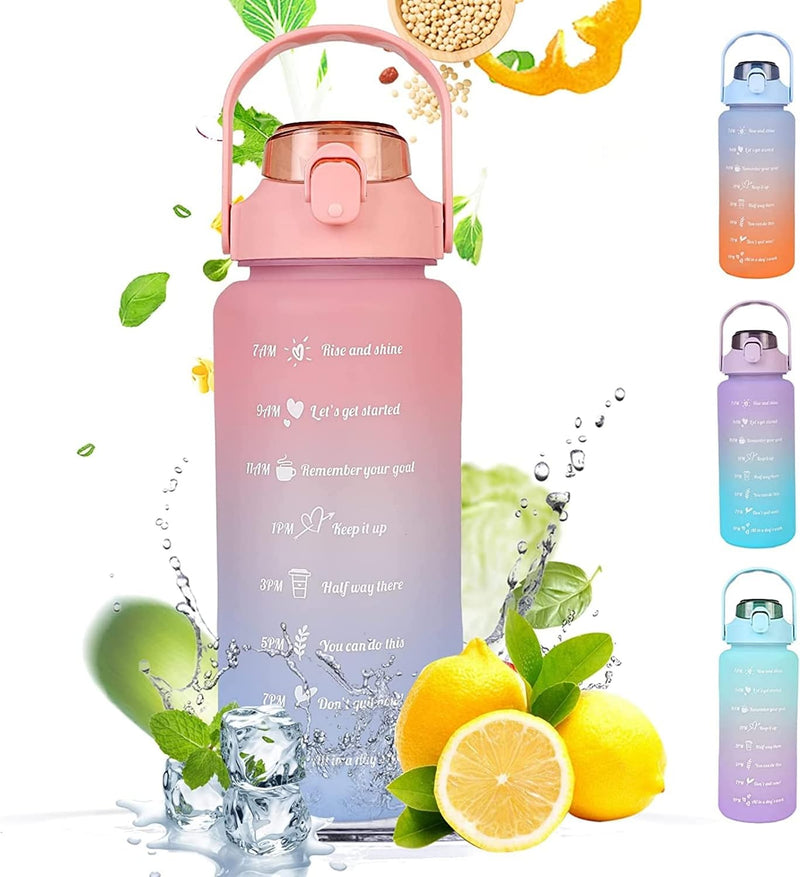 2L Water Bottle with Straw 64 Oz Motivational Sports Water Bottle with Time Capacity Marker BPA Free Big Large Gym Cycling Water Bottle Cup Jug for Kids School Outdoor Fitness (Peach Blue) - Peach Blue