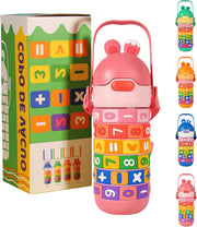 BPA-Free Stainless Steel Thermos Water Bottle for Kids 430ml Insulated Leak-Proof Flip Lid Math Puzzle Rings Fun School Bottle for Boys & Girls Cute Design with Strap Learning Gift Green - Pink-A