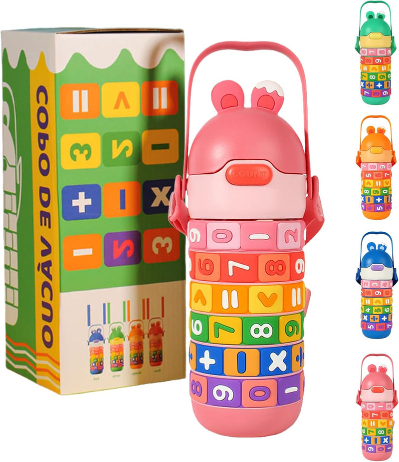 BPA-Free Stainless Steel Thermos Water Bottle for Kids 430ml Insulated Leak-Proof Flip Lid Math Puzzle Rings Fun School Bottle for Boys & Girls Cute Design with Strap Learning Gift Green - Pink-A
