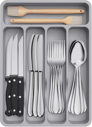 Silverware Drawer Organizer Tray, Plastic Cutlery Storage for Kitchen, Flatware and Utensil Holder Divider for Spoons Forks Knives Tableware, 9.1 x 12.6", 5 Slots, Black - Grey 23.1 x 23.1 x 4.1 cm