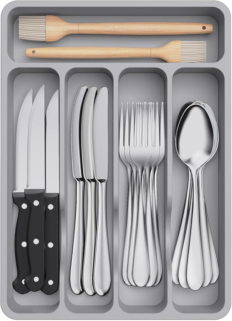 Silverware Drawer Organizer Tray, Plastic Cutlery Storage for Kitchen, Flatware and Utensil Holder Divider for Spoons Forks Knives Tableware, 9.1 x 12.6", 5 Slots, Black - Grey 23.1 x 23.1 x 4.1 cm
