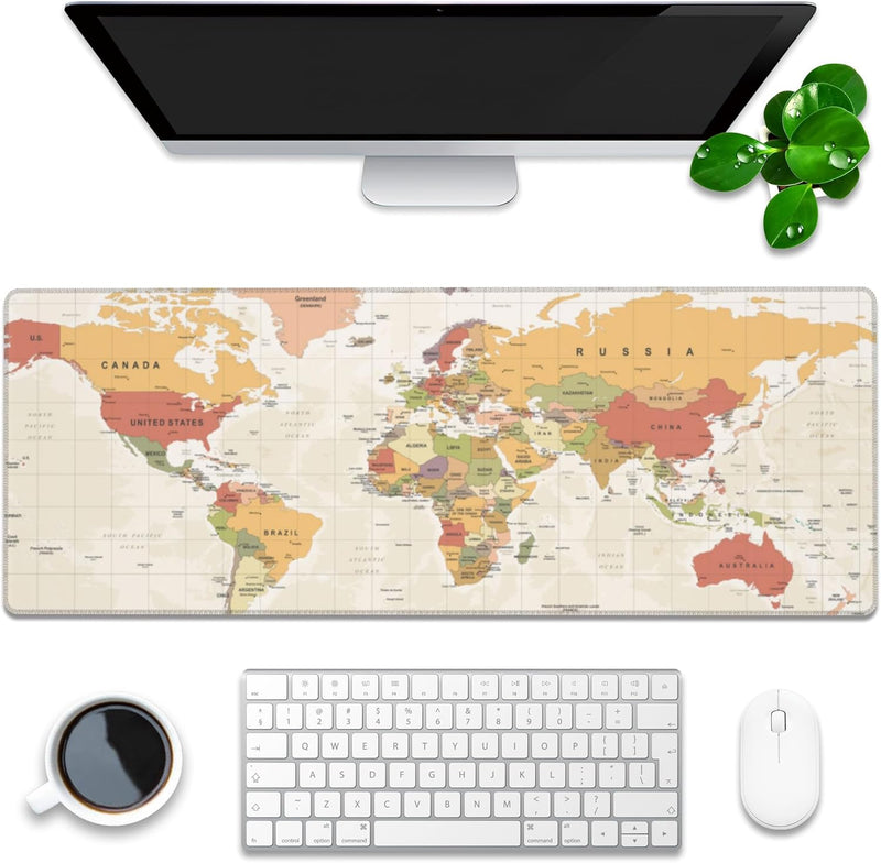 Desk Pad, Green Honeycomb Science Technology Extended Gaming Mouse Pad Large, 35.4"x15.7" Big Mouse Pad with Non-Slip Base and Stitched Edge, Long Computer Keyboard Mouse Mat for Home Office Work - 31.5"x11.8" Retro World Map
