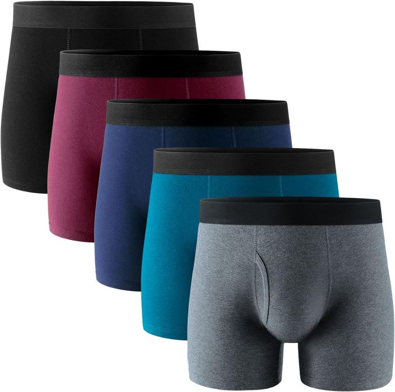 Mens Underwear Cotton Boxer Briefs with Fly 5 Pack - Multicolor