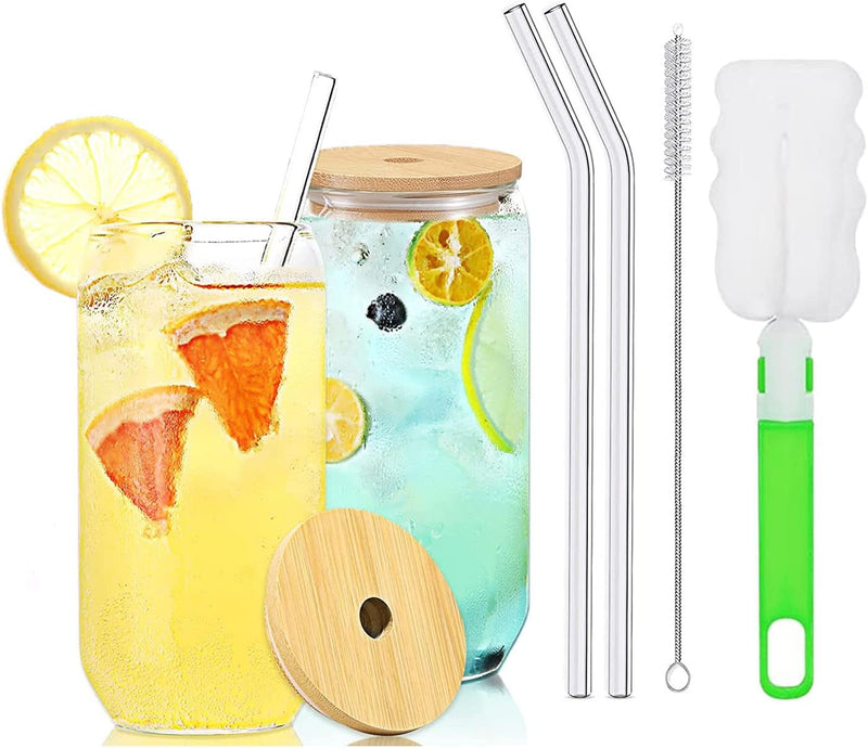 TAPIT Drinking Glasses with Bamboo Lids and Glass Straw, 13.5oz/17oz Beer Can Shaped Glass Cups, Tumbler Cup Ideal For Beer, Tea, Soda, Iced Coffee Include 2 Cleaning Brushes (2pcs,400ml*2)