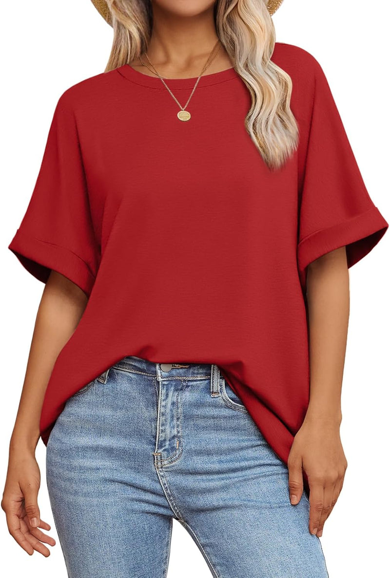 Womens Oversized T Shirts Loose Fit Crewneck Short Sleeve Summer Casual Blouse 2024 Y2K Tee Tops - Red