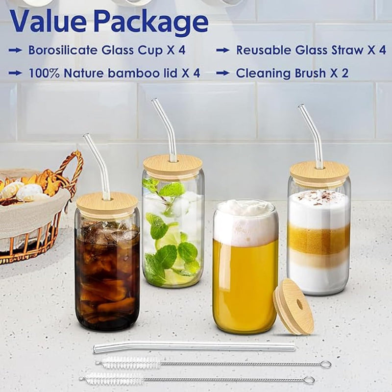 Nyganmelloz 4Pcs Drinking Glasses with Bamboo Lids and Glass Straw Set, 16oz Can Shaped Drinking Glass Cups, Beer Glasses, Iced Coffee Glasses, Cute Tumbler Cup, Ideal for Whiskey, Cocktail, Wine