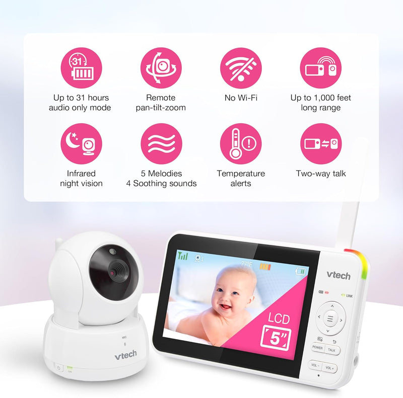 VTech VM924 Remote Pan-Tilt-Zoom Video Baby Monitor, 5" LCD Screen, Up to 17 Hrs Video Streaming, Night Vision, Up to 1000ft Range, Soothing Sounds, 2-Way Talk, Temperature Sensor,Secured Transmission
