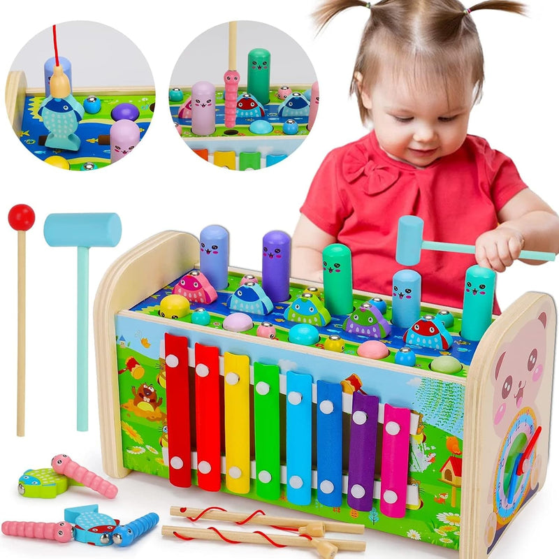 AM ANNA 7 in 1 Hammering Pounding Toys, Wooden Montessori Educational Fishing Game Xylophone Toys for 1 2 3 Year Old, Baby Sensory Developmental Fine Motor Skills Toddler Activities Age 1-4 Gifts