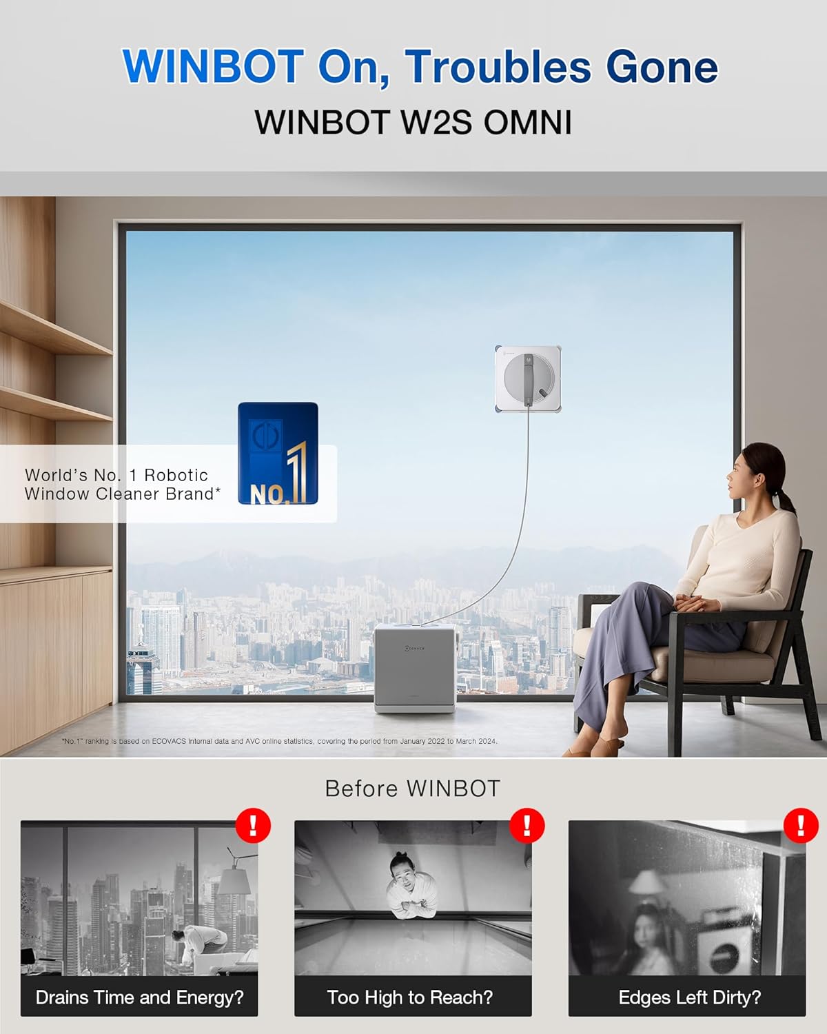 ECOVACS WINBOT W2S OMNI Window Cleaning Robot, with 6-in-1 Multifunction Station, TruEdge Edge-to-Edge Precision, Triple Wide-Angle Spray Nozzles, 12-Level Safety System, Dual Power Modes – image 2
