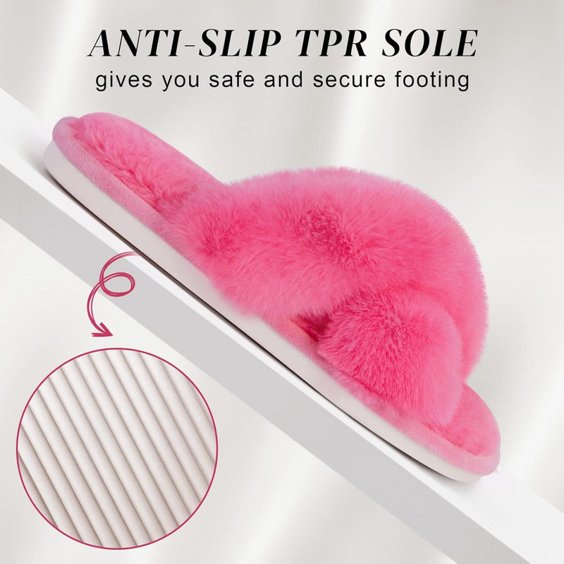 Women's Cross Band Slippers Soft Plush Furry Cozy Open Toe House Shoes Indoor Outdoor Faux Rabbit Fur Warm Comfy Slip On Breathable
