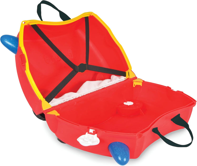 Trunki Rideon - Frank Fire Engine Suitcase - Durable ABS & Polypropylene Carry-On Luggage for Kids | Fun Travel Companion with Toy Storage - Perfect for Little Explorers - Flossi Flamingo (Red)
