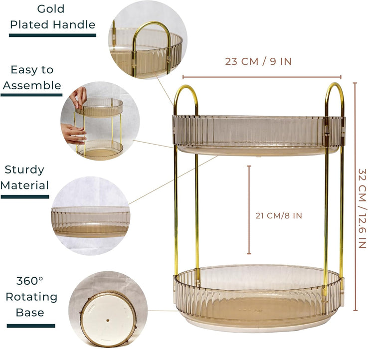 Sortify Perfume Organizer, Luxury Acrylic Perfume Stand, Lazy Susan 360° Rotating Makeup Organizer & Skincare Rack, Showcase Your Cologne Collection with 2 Tier Perfume Tray 32x23x23cm (Gold)