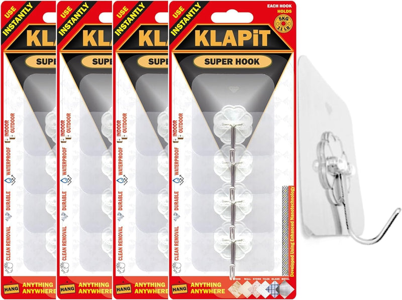 KLAPiT Super Hook Heavy Duty Adhesive, Holds 11 Pounds or 5Kg Weight, Waterproof and Damage Free for Wall, Tile, Wood, Stone, Glass, Metal, Made of Steel (Clear, 4 pc) - 16 pc Clear