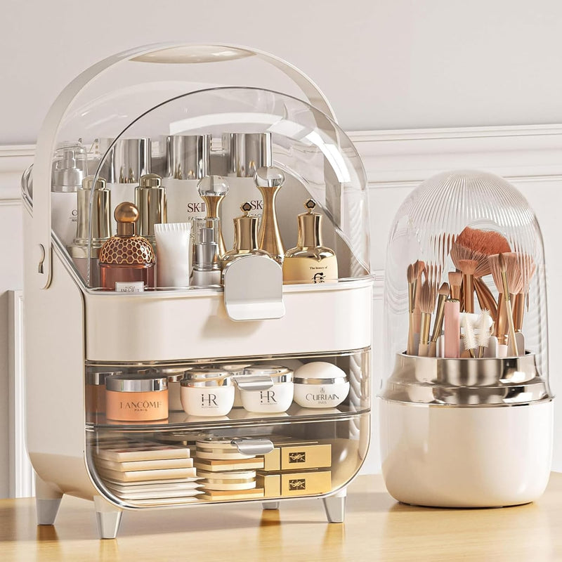 U-HOOME Makeup Organizer Skincare Organizers,Cosmetic Storage with Three Tier Storage Box and Brush Storage Box Cosmetic Display Cases for Bathroom Countertop,Bedroom Vanity Desk and Travel (White)