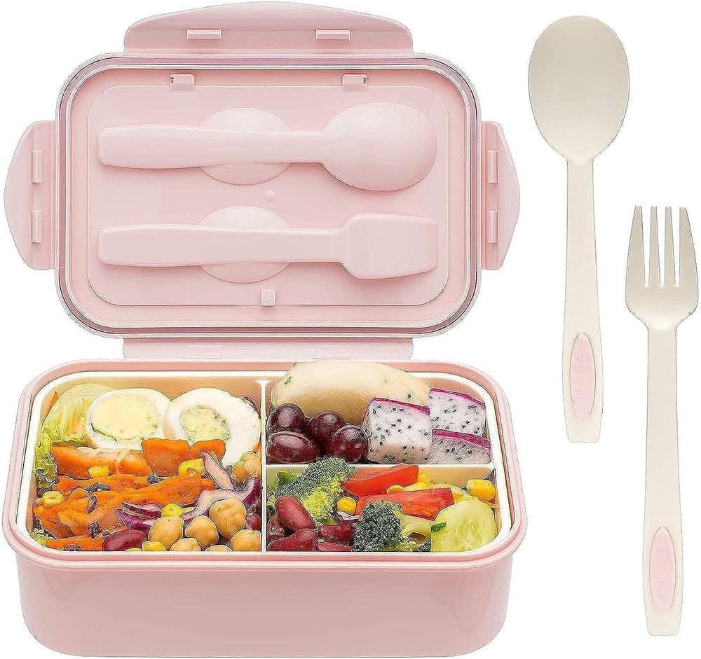 YumLock Bento Box, 3 Compartments 1400ml Lunch Box For Kids and Adults with Reusable Spoon and Fork, Leakproof Food Container for On the Go Meal, Microwave Safe (Pink)