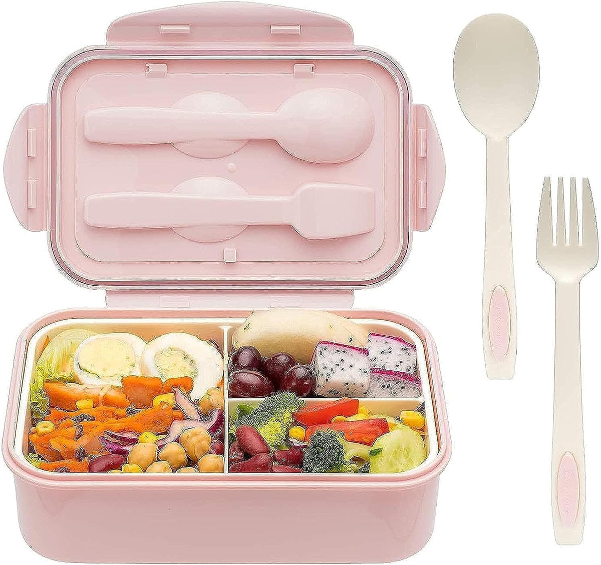 YumLock Bento Box, 3 Compartments 1400ml Lunch Box For Kids and Adults with Reusable Spoon and Fork, Leakproof Food Container for On the Go Meal, Microwave Safe (Pink) – image 2