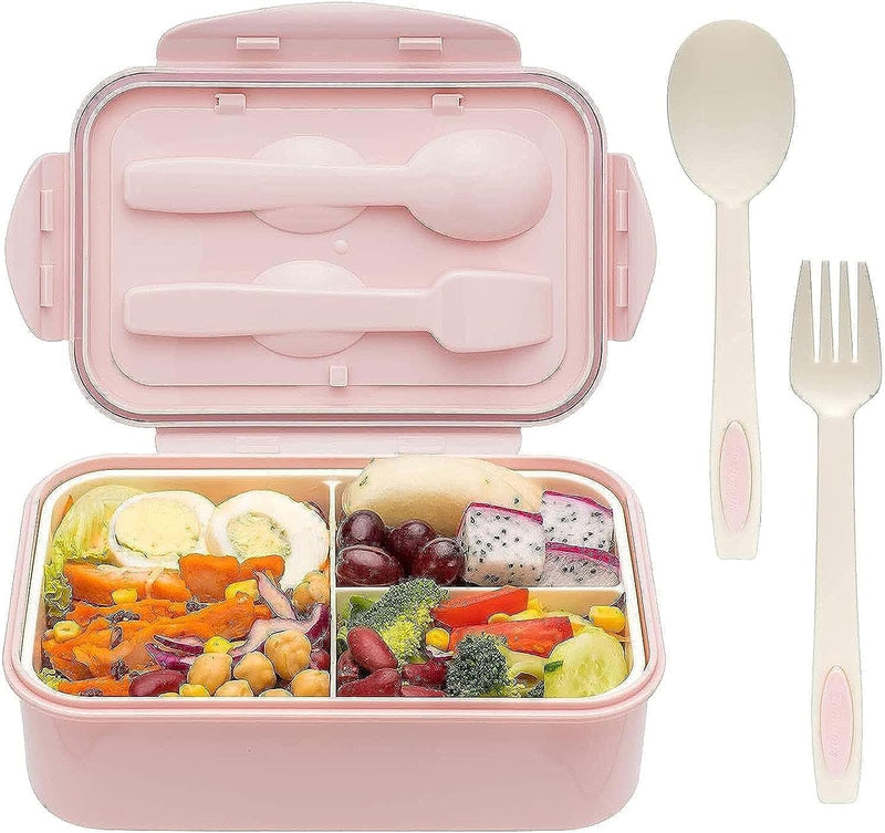 YumLock Bento Box, 3 Compartments 1400ml Lunch Box For Kids and Adults with Reusable Spoon and Fork, Leakproof Food Container for On the Go Meal, Microwave Safe (Pink) - Pink