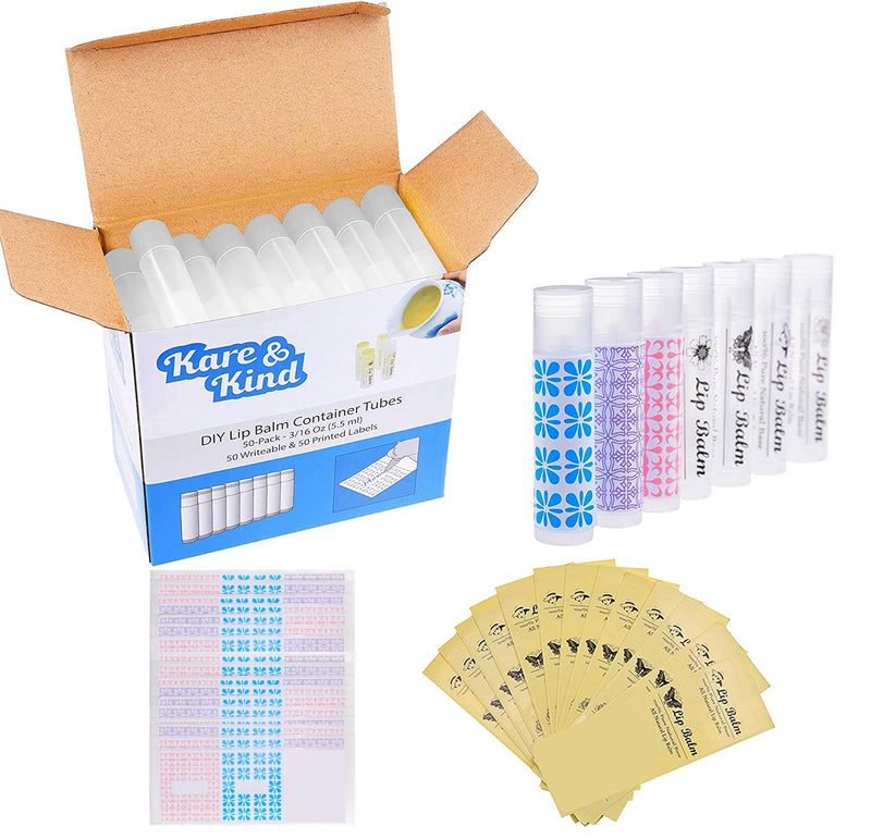 Kare & Kind Lip Balm Container Tubes 50-Pack DIY Translucent 3-16 Oz (5.5 ml) Including 50 Writeable & 50 Printed Lip Balm Stickers Twist Mechanism and a Cap Empty Transparent