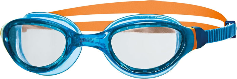 Zoggs Phantom 2.0 Childrens Swimming Goggles, UV Protection Swim Goggles, Split Yoke Swimming Goggle Strap, Fog Free Clear Swim Goggle Lenses, Quick Fit childrens Goggles 6-14 years - Blue/Orange/Clear Single