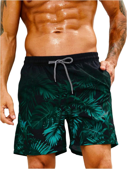 GORGLITTER Men's Drawstring Elastic Waist Tropical Print Swim Trunks Slant Pocket Summer Shorts