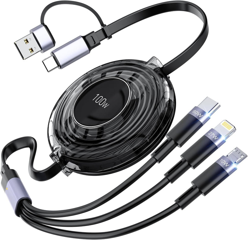 3-in-1 Retractable Multi Charging Cable, 100W Fast Charging USB-C/A to/USB-C/Micro USB Charger Cord for iPhone 15, for MacBook, and for iPad
