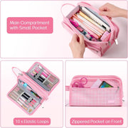 Large Pencil Case, Big Capacity Pencil Pouch Pen Bag with 3 Compartment, Portable Canvas Stationery Organizer with Zipper, Cute Aesthetic School Supplies for Teen Girls College (Pink)