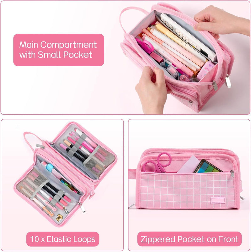 Large Pencil Case, Big Capacity Pencil Pouch Pen Bag with 3 Compartment, Portable Canvas Stationery Organizer with Zipper, Cute Aesthetic School Supplies for Teen Girls College (Pink)