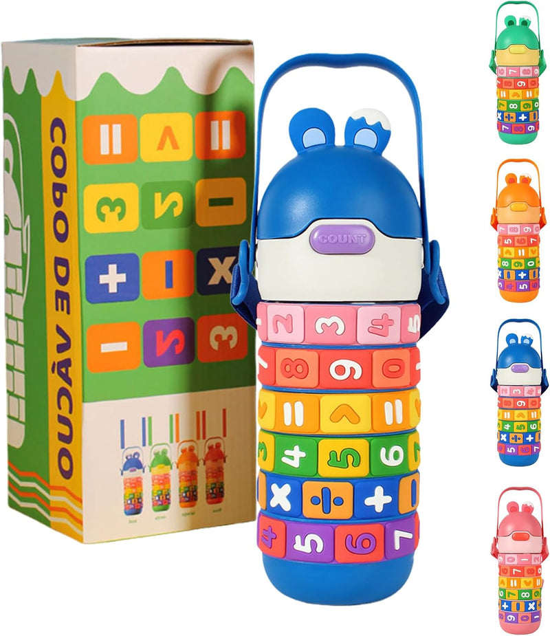 BPA-Free Stainless Steel Thermos Water Bottle for Kids 430ml Insulated Leak-Proof Flip Lid Math Puzzle Rings Fun School Bottle for Boys & Girls Cute Design with Strap Learning Gift Green - Blue