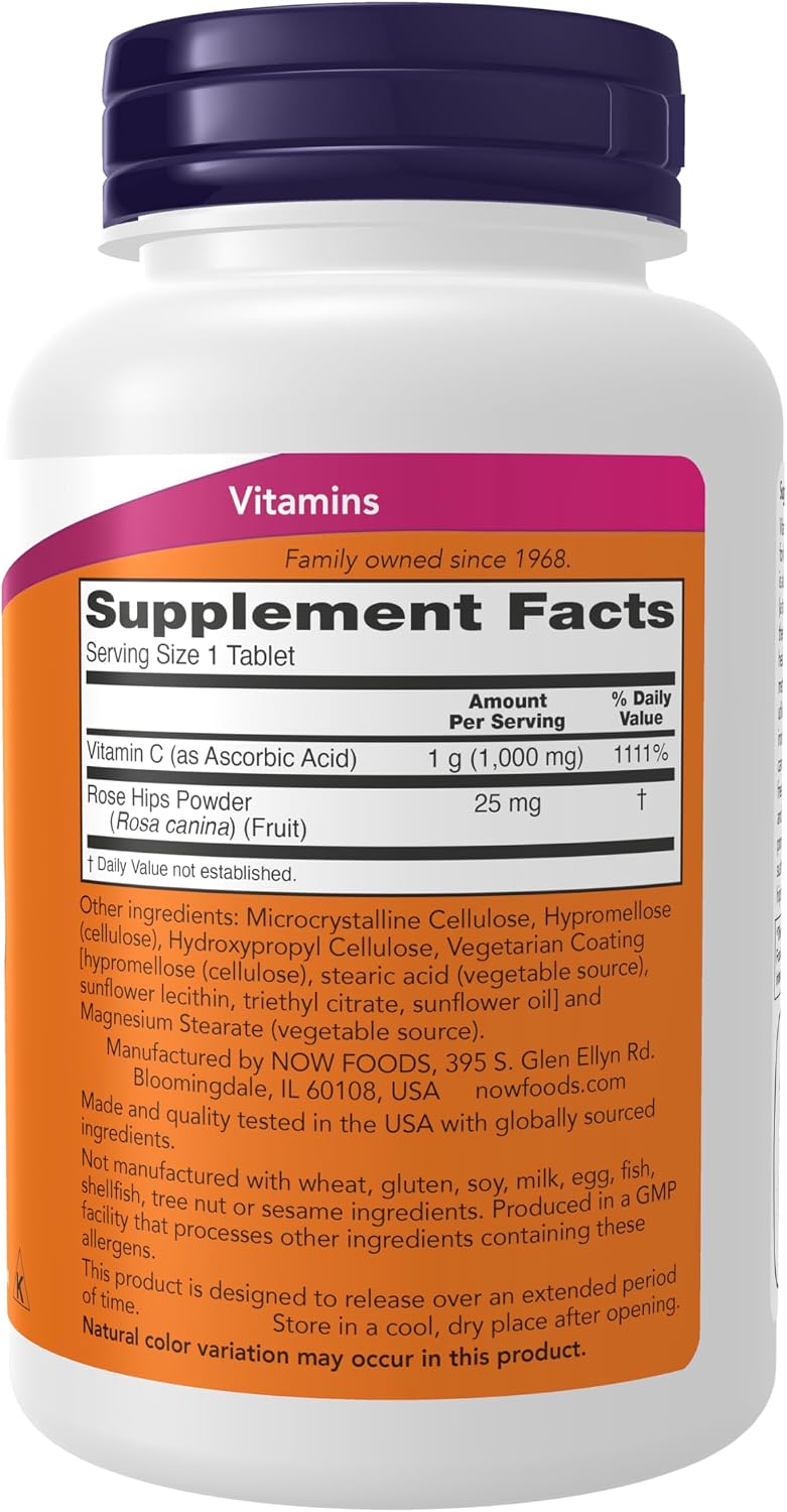 Foods Vitamin C-1000 Sustained Release with Rose Hips Time-Release Vitamin C for Immune Support & Antioxidant Protection & Collagen Formation & Long-Lasting Absorption 100 Tablets