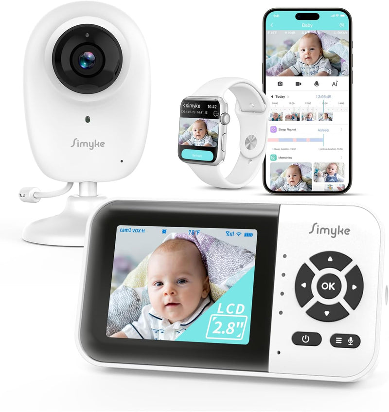 Simyke Smart Video Baby Monitor, 2.8 Inch Screen, 1080p Camera, 1500ft Long Range, WiFi On/Off Switch, Night Vision, Power Clock,