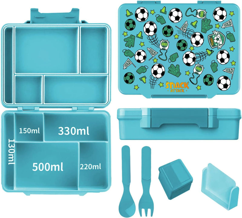 Lunch Box for Kids School,Children Lunch Box with Compartments, Bento Box Children, Leak-proof Lunch Box for Girls and Boys, Snack Box, Perfect for School, Nursery & Trips (SA Blue) (Blue Shark) - Green Soccer