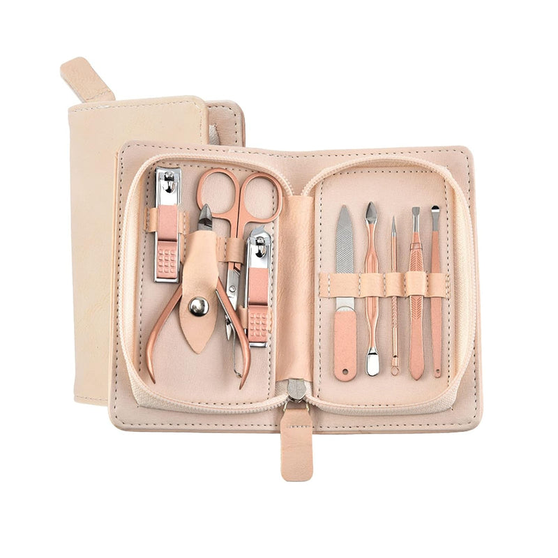 MAKINGTEC Portable Nail Clipper Set, Nail Clippers and Grooming Tools Set with 9 Tools, Stainless Steel Nail Care Set with Leather Bag for Home Outdoor Travel Beauty Salon (Rose Gold)
