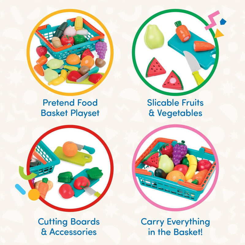 Battat - Play Food Toys for Kids, Toddlers - Food Set with Cutting Boards and Accessories - Farmers Market Produce Basket - 2 years + - Farmers Market Produce Basket - Farmers Basket
