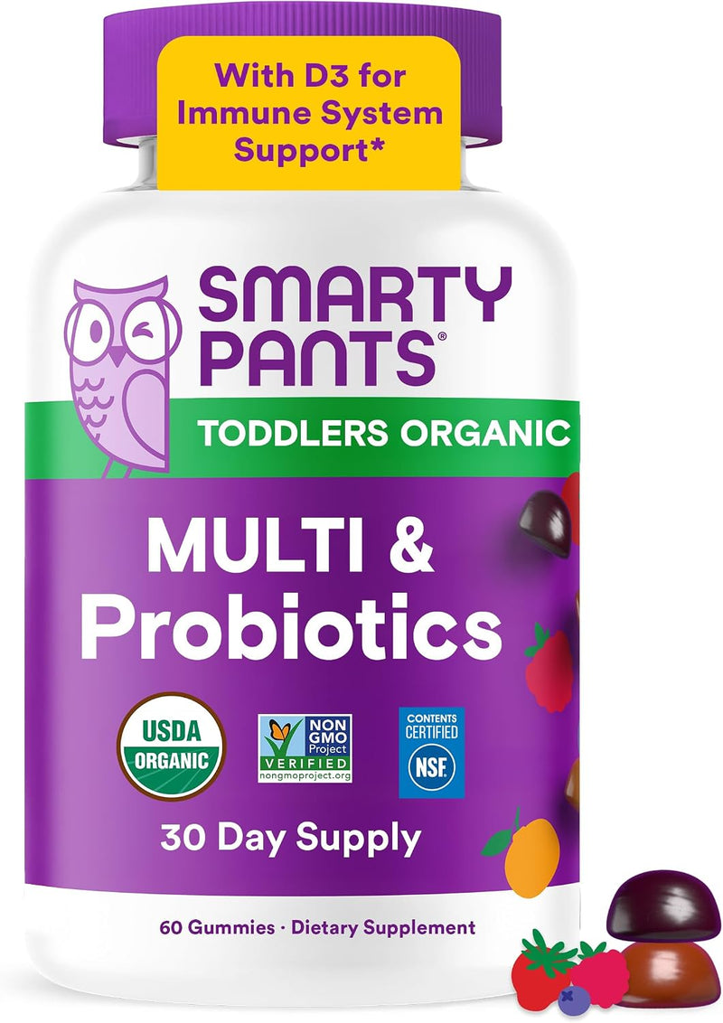 Organic Toddler Multivitamin, Daily Gummy Vitamins: Probiotics, Vitamin C, D3, Zinc, & B12 for Immune Support, Energy & Digestive Health, Fruit Flavor, 60 Gummies, 30 Day Supply