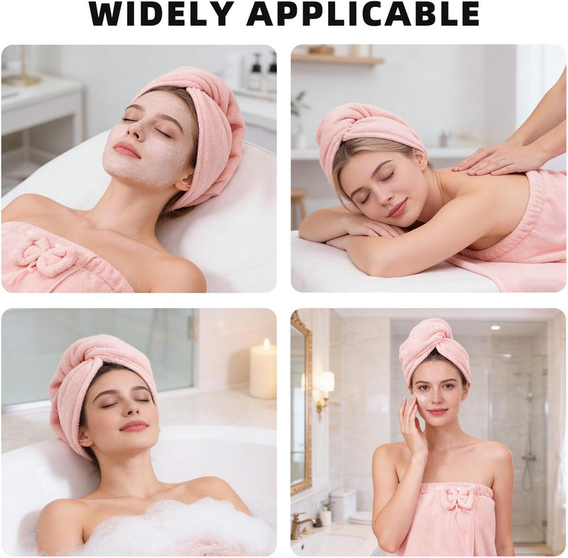 Women Wrap Towel Robe, Soft Highly Absorbent Shower Wrap Bathrobe with Snap Closure, Adjustable Spa Robe for After Bath, Includes Hair Turban, Pink Bathing Wrap for Ladies
