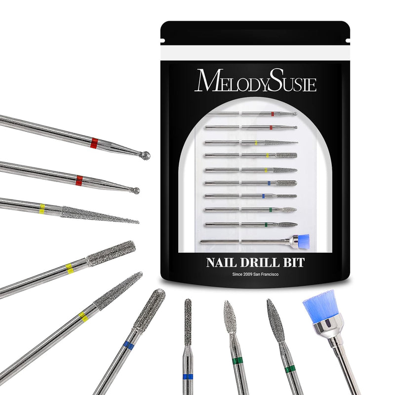 MelodySusie 10Pcs Diamond Nail Drill Bit Set, 3/32'' (2.35mm) Professional Cuticle Nail Drill Bits Kit for Acrylic Gel Nails, Efile Manicure Pedicure Shapen Remove Tools, Home Salon Use(Silver)