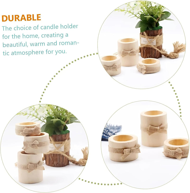 Cozy Nest 3 Piece Rustic Wooden Tea Light Cylindrical Candlestick Holders with Bowknot & Succulent Pot – Decorative Table Centerpieces for Wedding, Party, Birthday, Holiday & Home Decoration