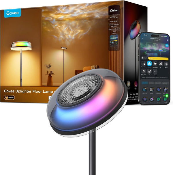 Uplighter Floor Lamp with Nebula Effect, Independent Tri-Zone Dimmable Lamp, RGBIC Cold-Warm Wavy Light, 80+ Scenes, 2700-6500K, 1000lm, Matter Alexa Compatible, 170 cm Living Room - Dynamic Nebula