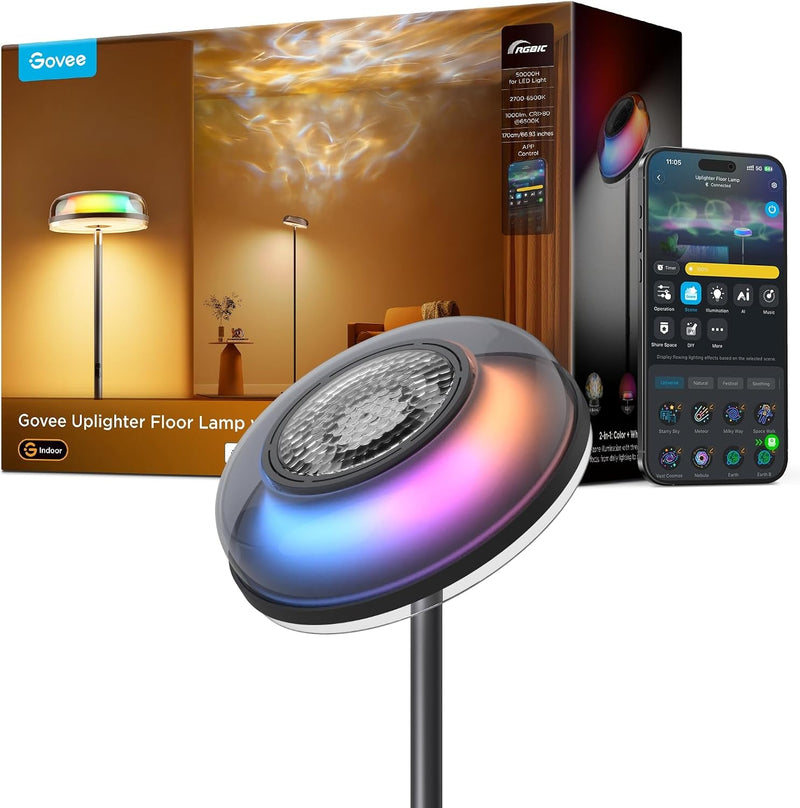 Uplighter Floor Lamp with Nebula Effect, Independent Tri-Zone Dimmable Lamp, RGBIC Cold-Warm Wavy Light, 80+ Scenes, 2700-6500K, 1000lm, Matter Alexa Compatible, 170 cm Living Room - Dynamic Nebula