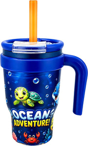 Kids Insulated Tumbler with Handle, 14oz Stainless Steel Kids Water Bottle with Straw, Leak Proof Sippy Cup for Toddlers Boys Girls, Dinosaur Theme Travel Straw Cup - Ocean Blue