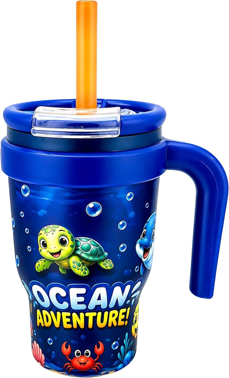 Kids Insulated Tumbler with Handle, 14oz Stainless Steel Kids Water Bottle with Straw, Leak Proof Sippy Cup for Toddlers Boys Girls, Dinosaur Theme Travel Straw Cup - Ocean Blue