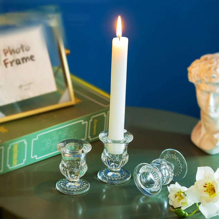 Glass Taper Candleholders - Clear Small Candlestick Holder Bulk, Set of 6 Clear Candleholders for Taper Candles Small Table, Glass Candlestick Holders, Thicker Glass Candle Sticks Set