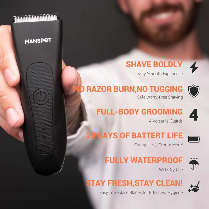 Electric Pubic Hair Trimmer Men's Shaving & Grooming Sets Kit w/ 4 Guards and Replaceable Ceramic Blade Heads, Waterproof Wet/Dry Groin Trimmer for Men, 90 Minutes Shaving, Body Groomer for Men (Blue)