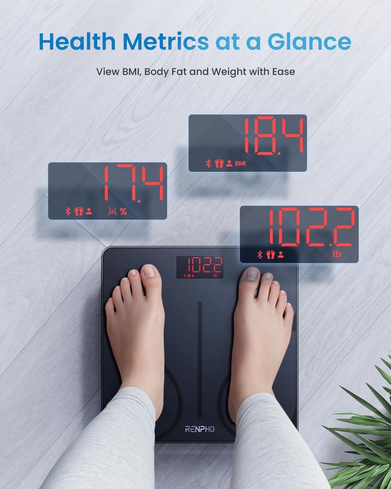 RENPHO Body Fat Scale Smart BMI Scale Digital Bathroom Wireless Weight Scale, Body Composition Analyzer with Smartphone App sync with Bluetooth, 396 lbs - Black, Elis 1 - 11" Black
