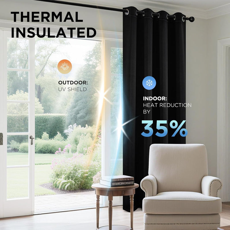 Joydeco Blackout Curtains 63 Inch Length 2 Panels Set, Thermal Insulated Long Curtains& Drapes 2 Burg, Room Darkening Grommet Curtains for Living Room Bedroom Window (W52 x L63 Inch, Black)
