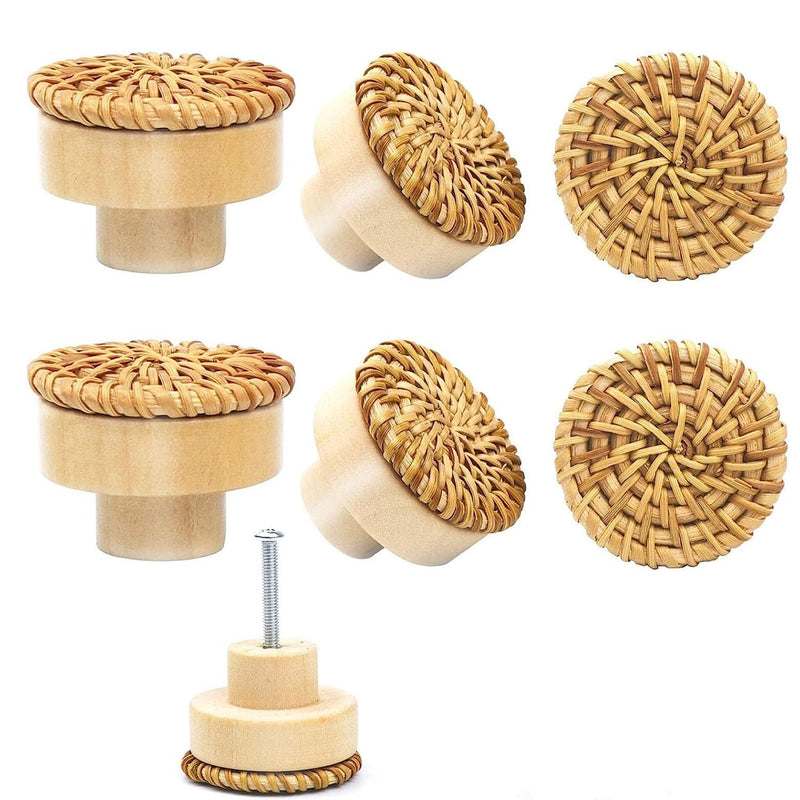 X spring Wooden Drawer Knobs, 6pcs 35x30mm Round Rattan Dresser Knobs, Cabinet Pulls and Knobs with Handmade Wicker Woven and Screws for Boho Furniture Knobs Cabinets Dresser Handles Hardware