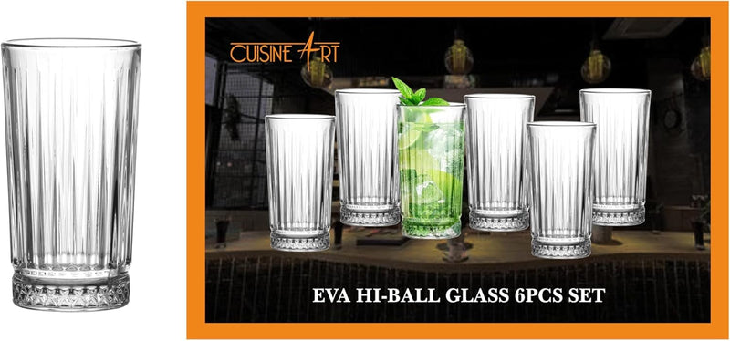 Cuisine Art Eva Hi-Ball Glass Set - 6 Pcs, 255ml (8.5oz) - Crystal Clear, Dishwasher Safe, Elegant Longdrink Glasses for Cocktails, Soft Drinks, Water, Juices