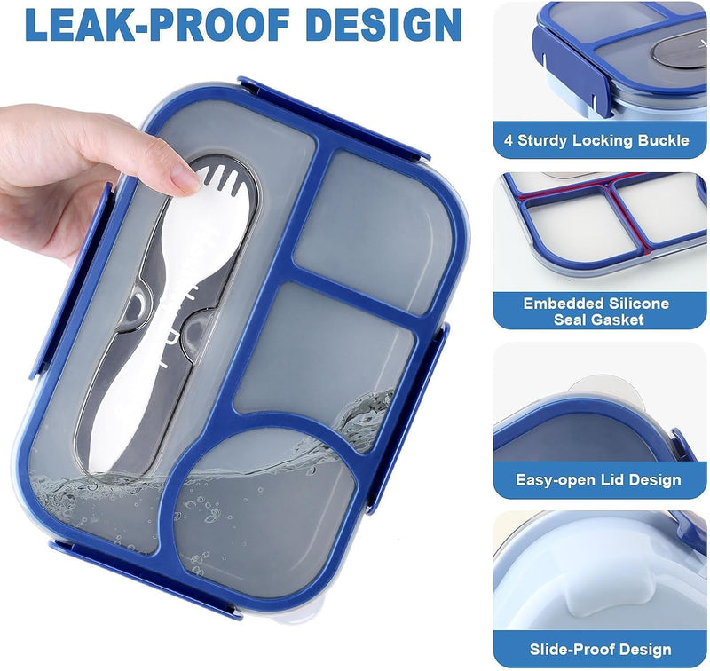 Bento Lunch Box, Microwave Safe Food Container with 4 Compartments & Fork, 1100ML, Leakproof Meal Prep for Men & Women, Reusable, 1 Pcs (Blue)