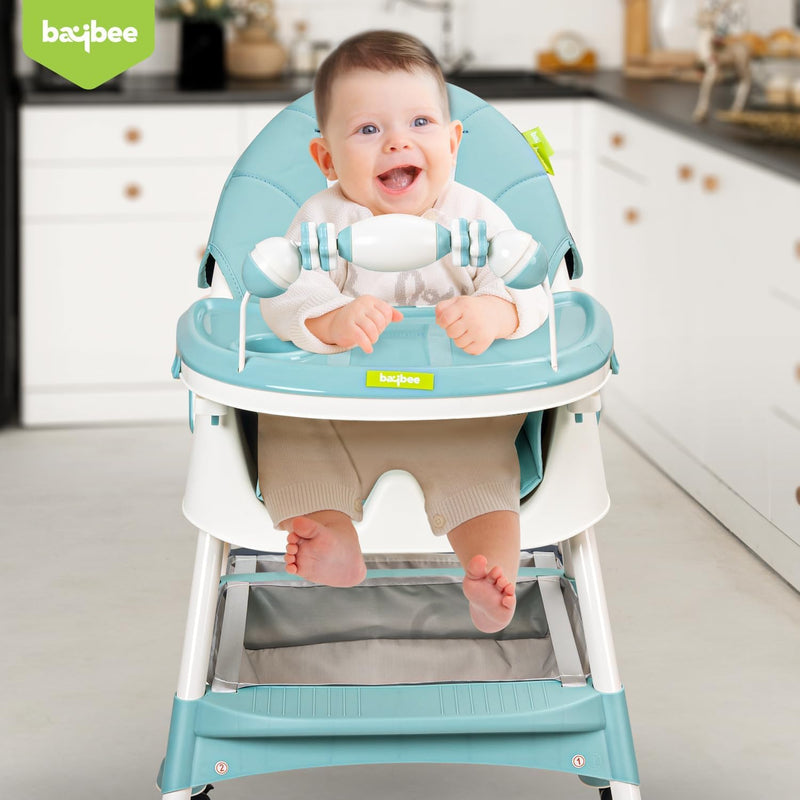 Baybee Baby High Chair for Kids with Adjustable Height and Footrest, Toddler Walker Feeding Booster Chair Seat for Baby with Tray, Wheel, Safety Belt and Cushion For Babies 6 Month to 4 Year (Green)