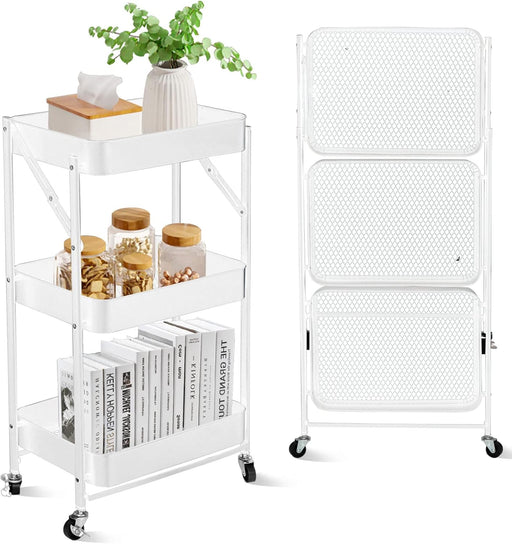 SKY-TOUCH 3 Tier trolley organizer,Foldable Metal Rolling Utility Cart Organizer, Multipurpose Organizer Trolley with Casters for Kitchen, Bedroom, Bathroom, Office, Laundry Room and Garage Black - White